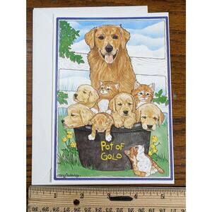 Vtg Pot‎ of Golden Retriever Puppy Dog Ginger Orange Kitty Blank Greeting Card